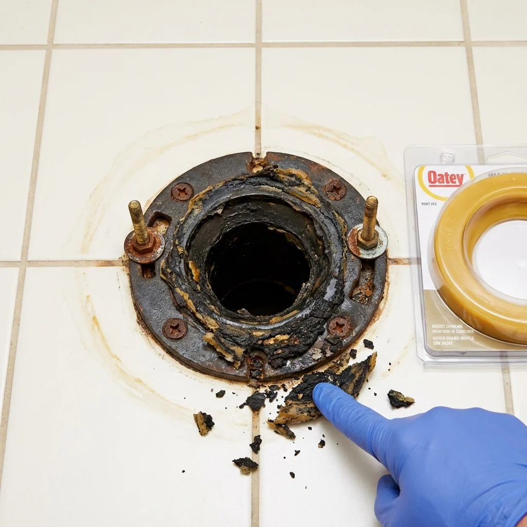 Failed wax ring showing water seepage at the base of a toilet in a Daleville, IN home