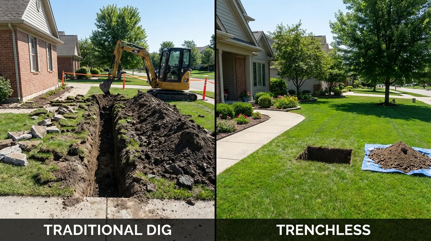 Trenchless sewer repair with minimal yard damage versus traditional excavation in Daleville, IN
