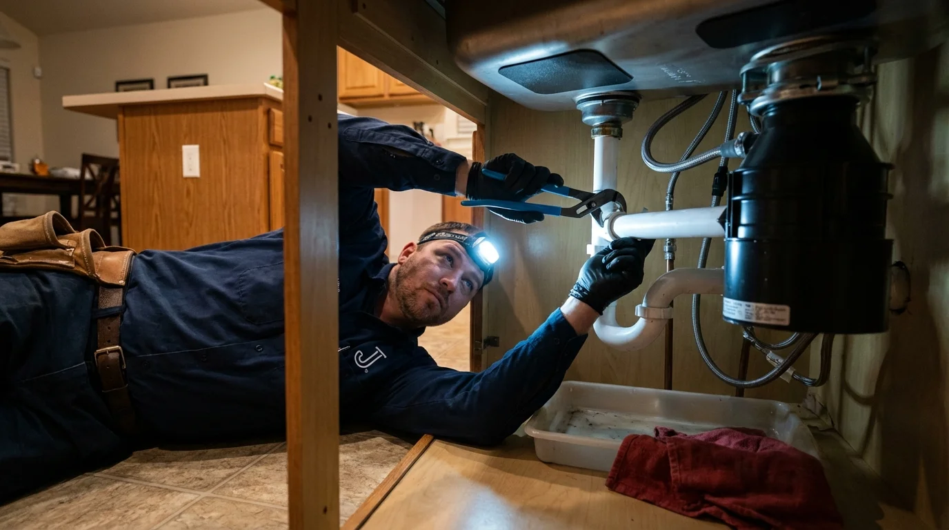 P-trap and supply line connections under a kitchen sink showing a common leak point in Daleville, IN